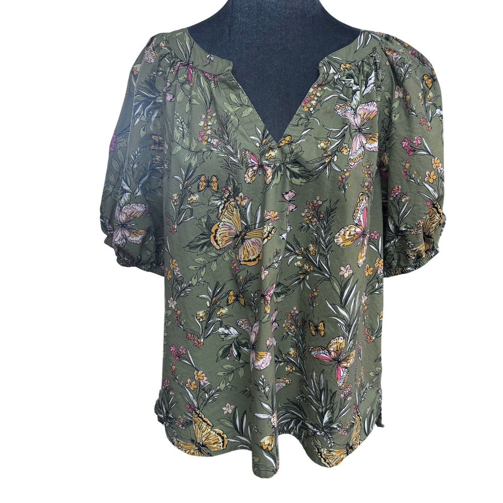 Linda Anderson Barrel Apparel Olive Green Butterfly Floral Puff Sleeve Blouse XL